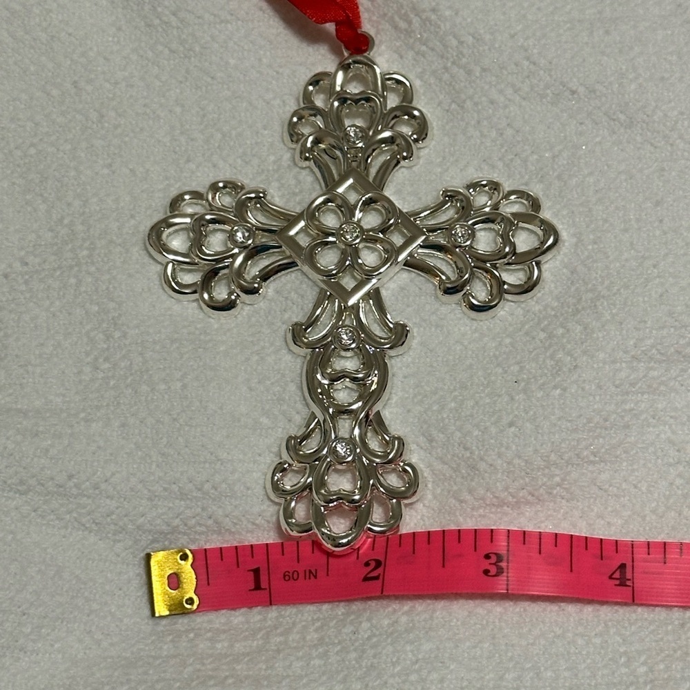 Beautiful Lenox silver plated cross with black with red ribbon hanger. New! - Picture 6 of 7